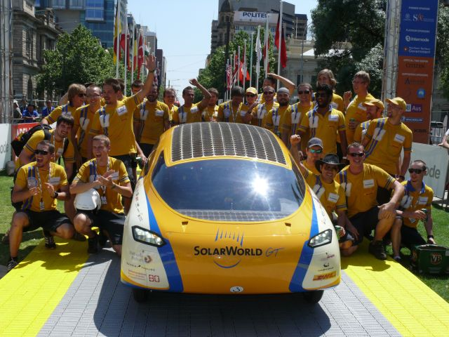 SolarWorld GT at the finish line in Adelaide after traveling  3000km from Darwin in the World Solar Challenge.  2011 WSC winner of the  Design Award